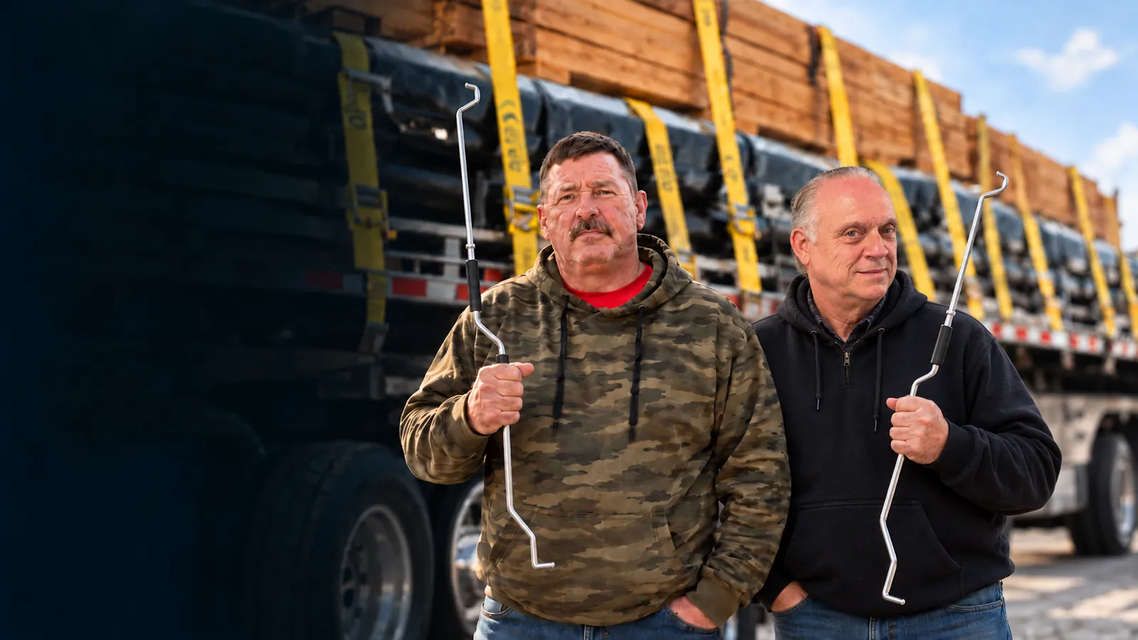 Two flatbed truck drivers holding their Cargo Strap Wizard Pro tools in front of a lumber-loaded trailer