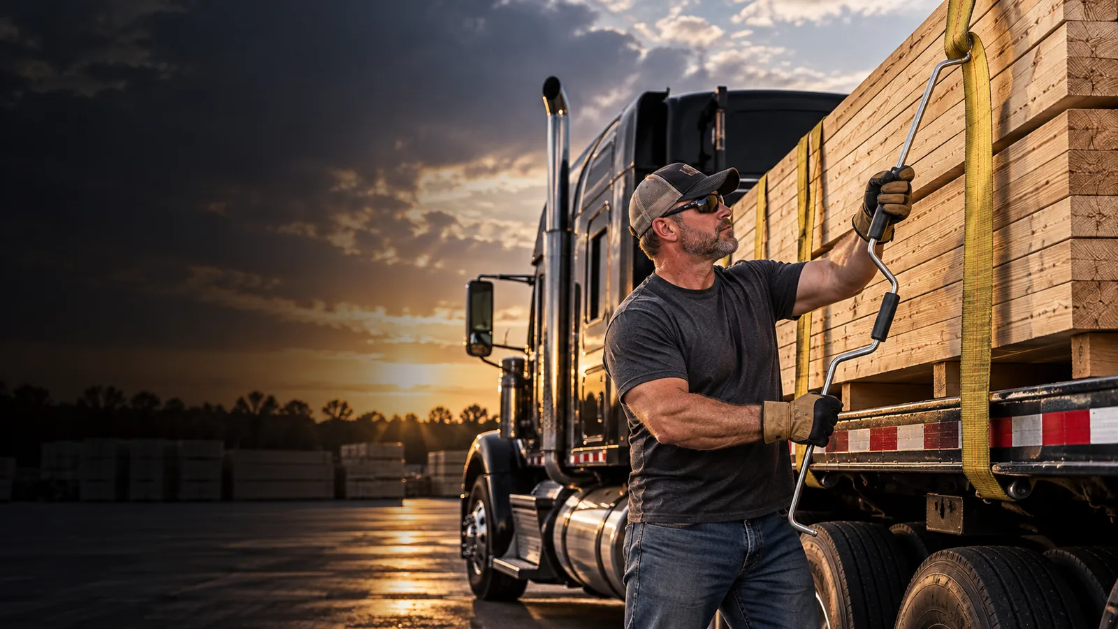 A flatbed truck driver in a cap, sunglasses and work gloves winds a cargo strap with the Wizard Pro beside a lumber-loaded trailer at sunset