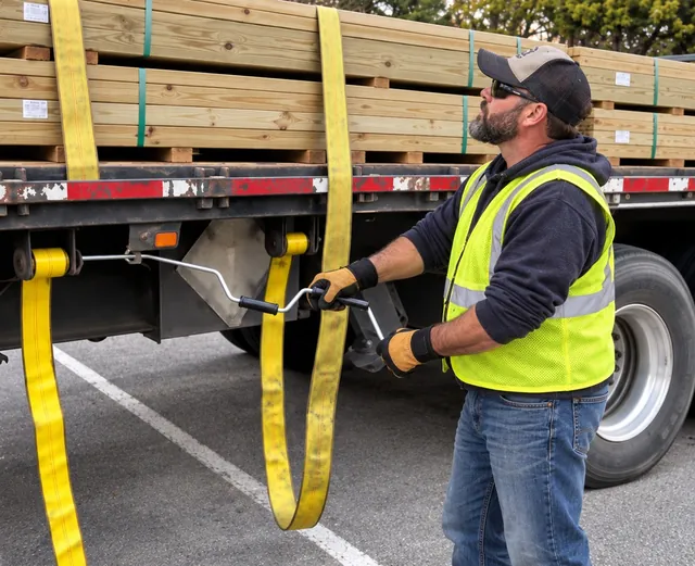 A driver in a cap and work gloves winds a yellow cargo strap with a steel crank handle at the trailer winch beside a stack of lumber