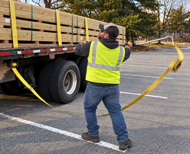 A driver in a high-visibility vest swings a yellow cargo strap up over a tall lumber load using a long metal bar