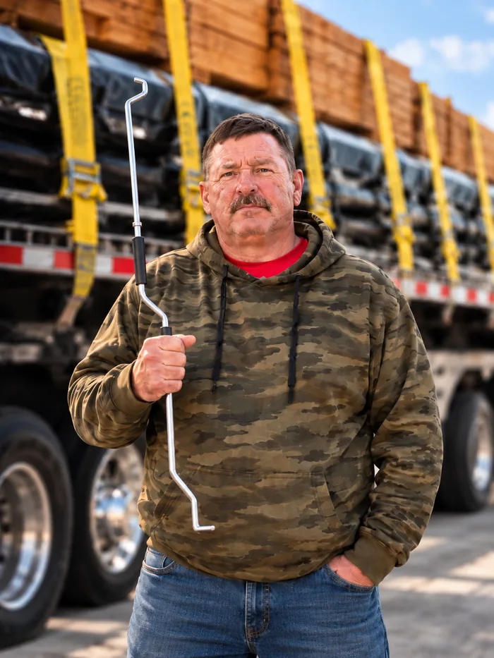 Billy Ward with his co-inventor standing beside a lumber-loaded flatbed trailer, each holding a Cargo Strap Wizard Pro tool