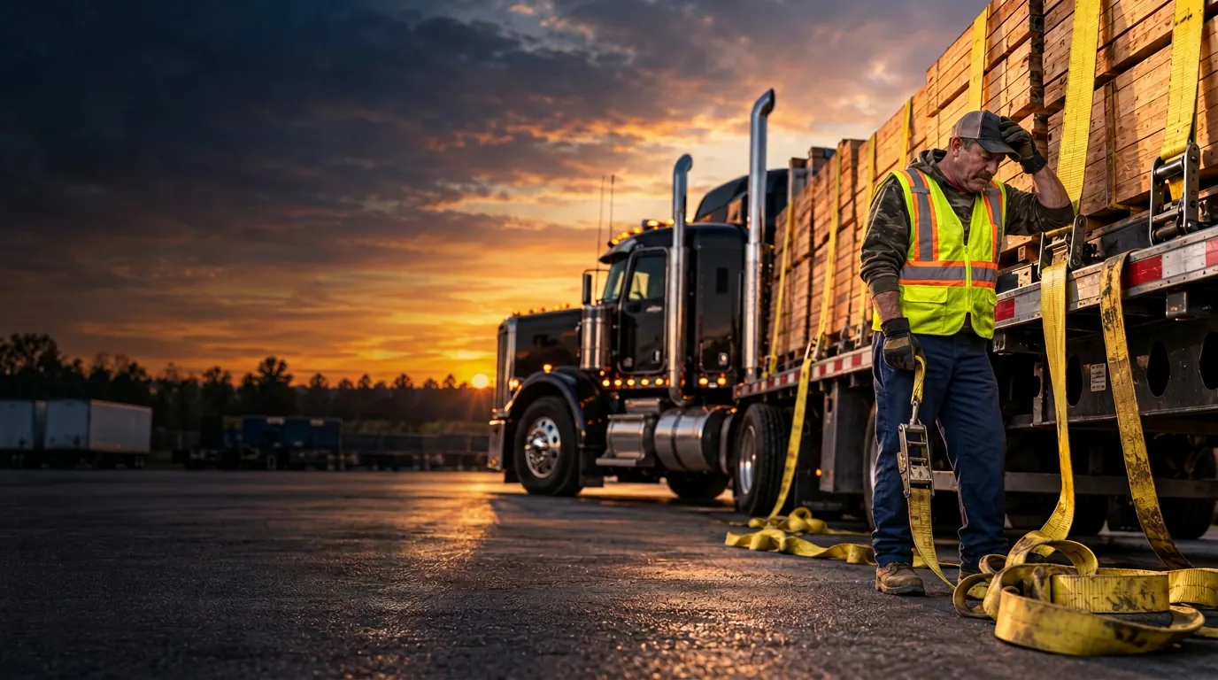 A flatbed truck driver in a cap and high-visibility vest grips a hooked tool to secure a yellow strap, with the entire lumber-loaded trailer and truck in view