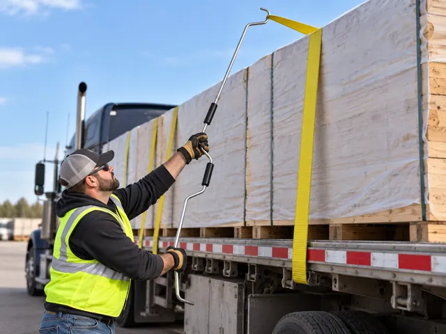 A driver in a high-visibility vest uses a long metal reach tool to hook a yellow cargo strap and pull it over a tall stack of shrink-wrapped lumber