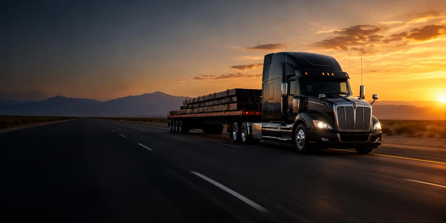 Semi truck on the open road at sunset