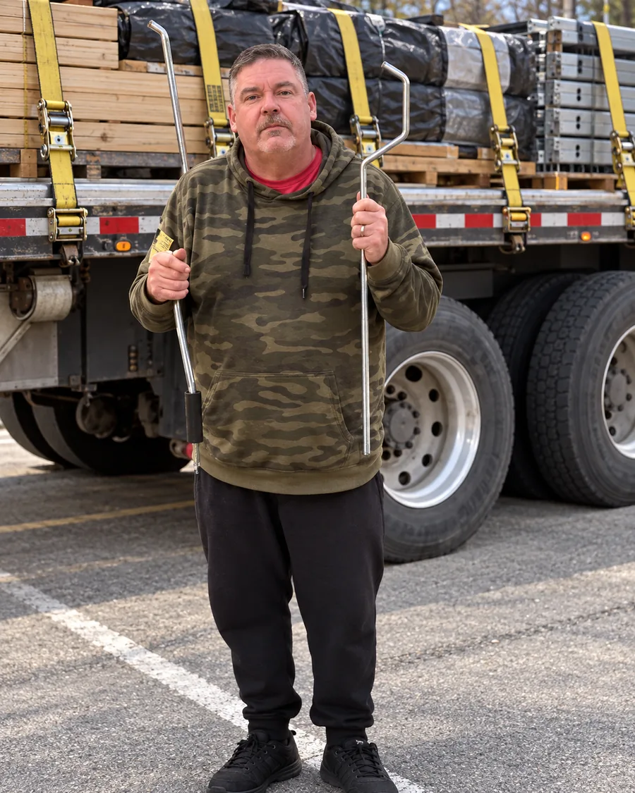 A driver holds the compact Cargo Strap Wizard Pro in front of a flatbed truck loaded with a forklift