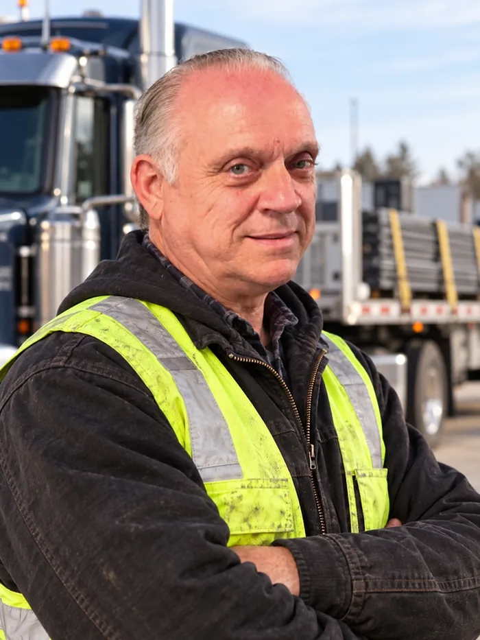 Mark Miller, co-inventor of Cargo Strap Wizard Pro, in a high-visibility vest in front of a flatbed truck