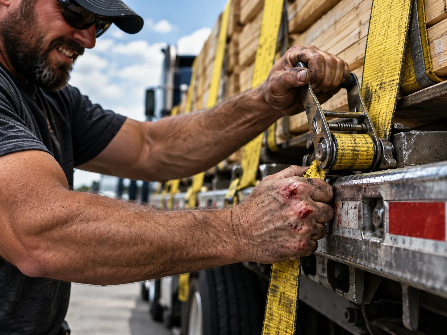 Close-up of a trucker’s scraped hands tightening a yellow ratchet strap around lumber on a flatbed trailer