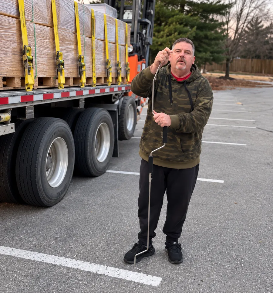 A driver stands beside a flatbed trailer holding the extended Cargo Strap Wizard Pro with a yellow strap